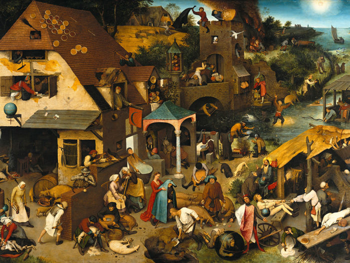 Renässans. Nederländska ordspråk (1559) av Pieter Brueghel den äldre illustrerar flamländsk absurditet och dårskap som utkristalliseras i ordspråk och idiom som till stor del ännu förekommer i modern svenska. Bild: Wikimedia Commons