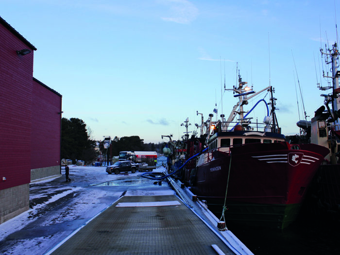 Fiskebåtar. Fiskmjölsfabriken får fisk av ett trettiotal fiskare. En del av råvaran levereras med fiskebåtar, resten kommer landvägen.