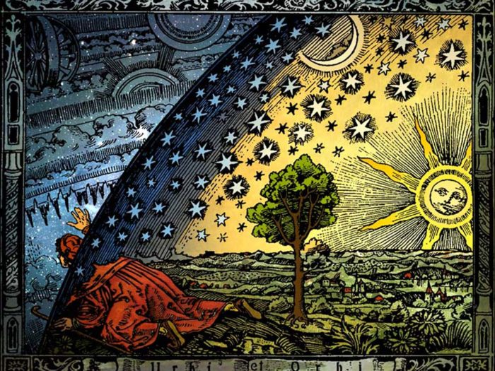 Universum. En känd trägravyr som felaktigt framställer en medeltida uppfattning om en platt jord presenterades 1888 som ett upphittat medeltida verk i en bok av den franske astronomen och populärvetenskapsmannen Camille Flammarion – som sannolikt själv var upphovsman. Bild: Wikimedia / Hugo Heikenwaelder