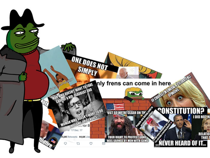 Hatsymbol. Pepe the frog memen (i rocken) var ursprungligen politiskt neutral men blev så starkt associerad med rasistiska och antisemitiska skämt att vissa grupper räknar den som en hatsymbol. Bilderna som faller ur rocken är mem från pro-Trump forum.